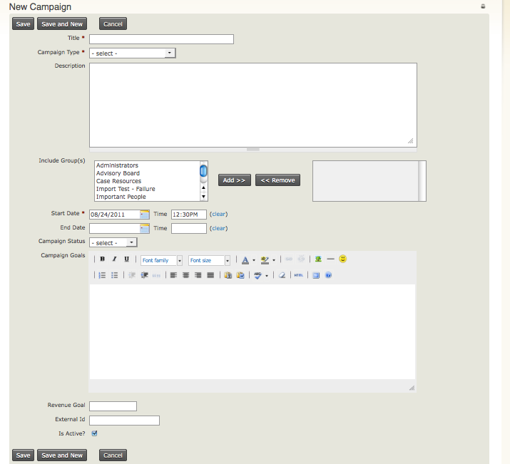 Blank campaign form with all fields