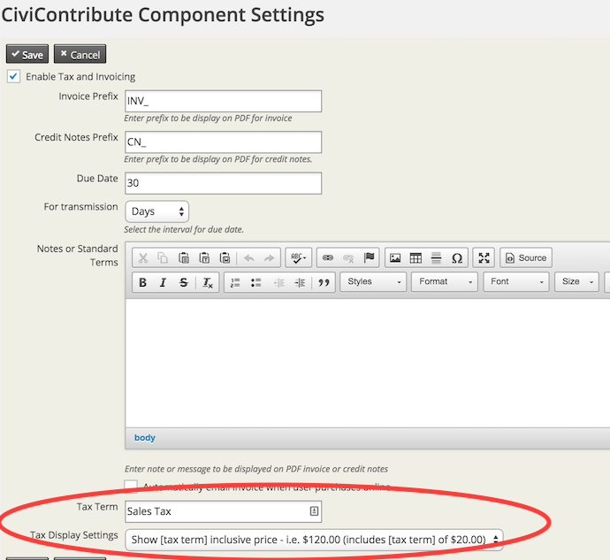 LHFC Contribute Component settings with the tax term listbox at the bottom.