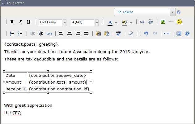 Thank you letter with tokens.